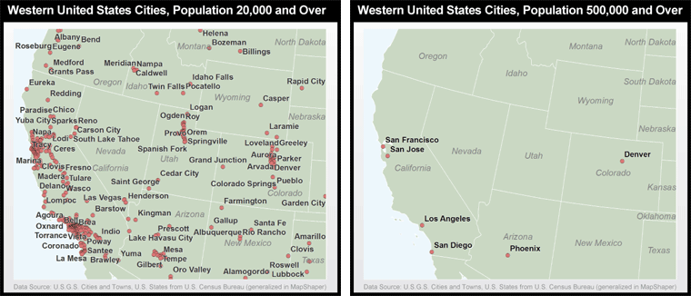Однако если целью было показать наиболее важные города в регионе, то произвольный порог населения не работает, поскольку, например, Солт-Лейк-Сити так же важен для Юты, как Феникс для Аризоны