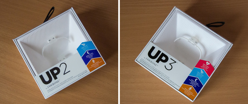 Коробка UP2 і UP3 зазнала видимі зміни в порівнянні з Jawbone UP24 і іншими попередніми моделями