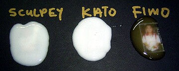 Заливка незапечені гелю на картинку показує, що Sculpey і Kato непрозорі, білого кольору, а FIMO найпрозоріший