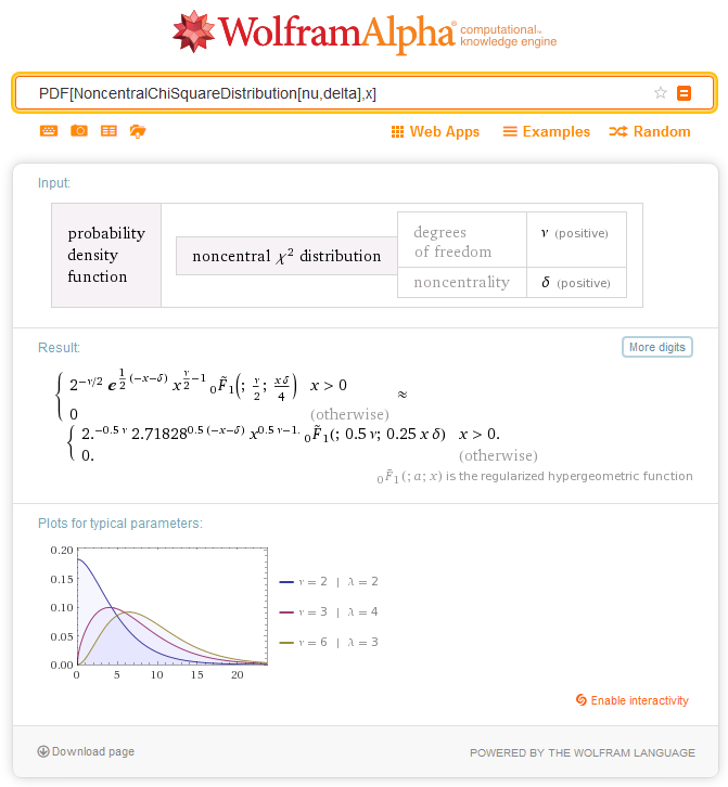 Визначення щільності ймовірності розподілу ChiSquare в Wolfram Alpha
