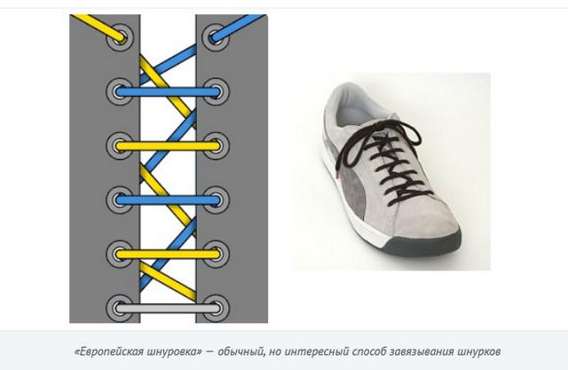 Оригінальності шнуркам додає спосіб зав'язування: один шнурок повинен проходити через обидва отвори на одному рівні